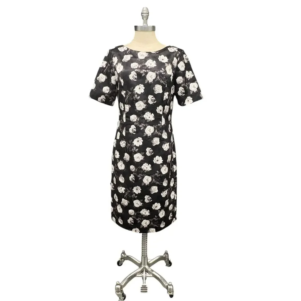 Brooks Brothers 346 Black & White Floral Sheath Dress Cap Sleeve‎ Size 6 - Picture 2 of 14